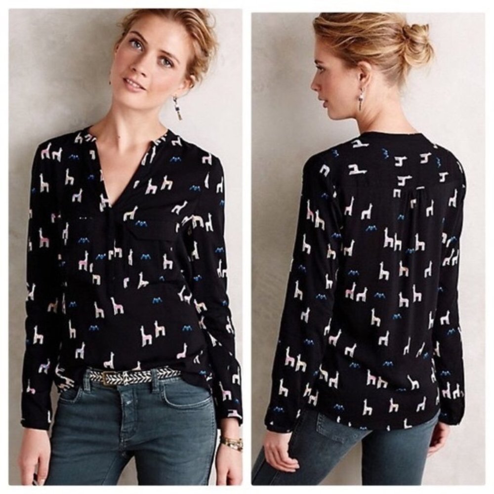MAEVE Anthropologie Llama Moonflower Pullover Henley Blouse 8 - Rare